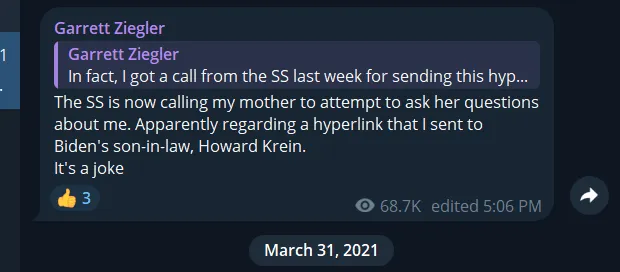 A Telegram post, made on March 30th, 2022, by Garrett, describing the harassment by the U.S.S.S.