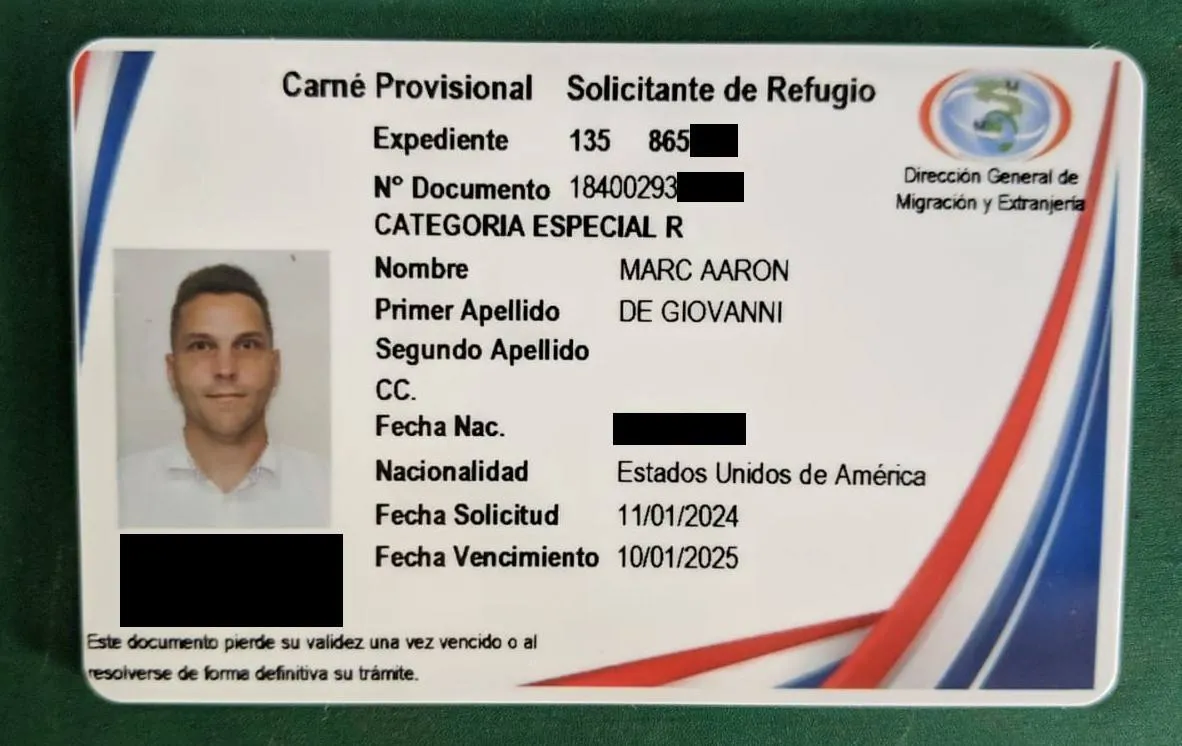 MARC AARON DE GIOVANNI: “Provisional Card, Refugee Applicant” “Application Date: 11/01/2024” “Expiration Date: 10/01/2025”